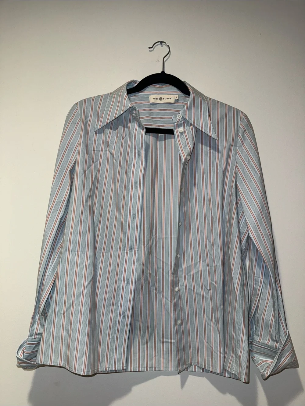 Tory Burch Light Blue and Coral Striped Button-Down Shirt